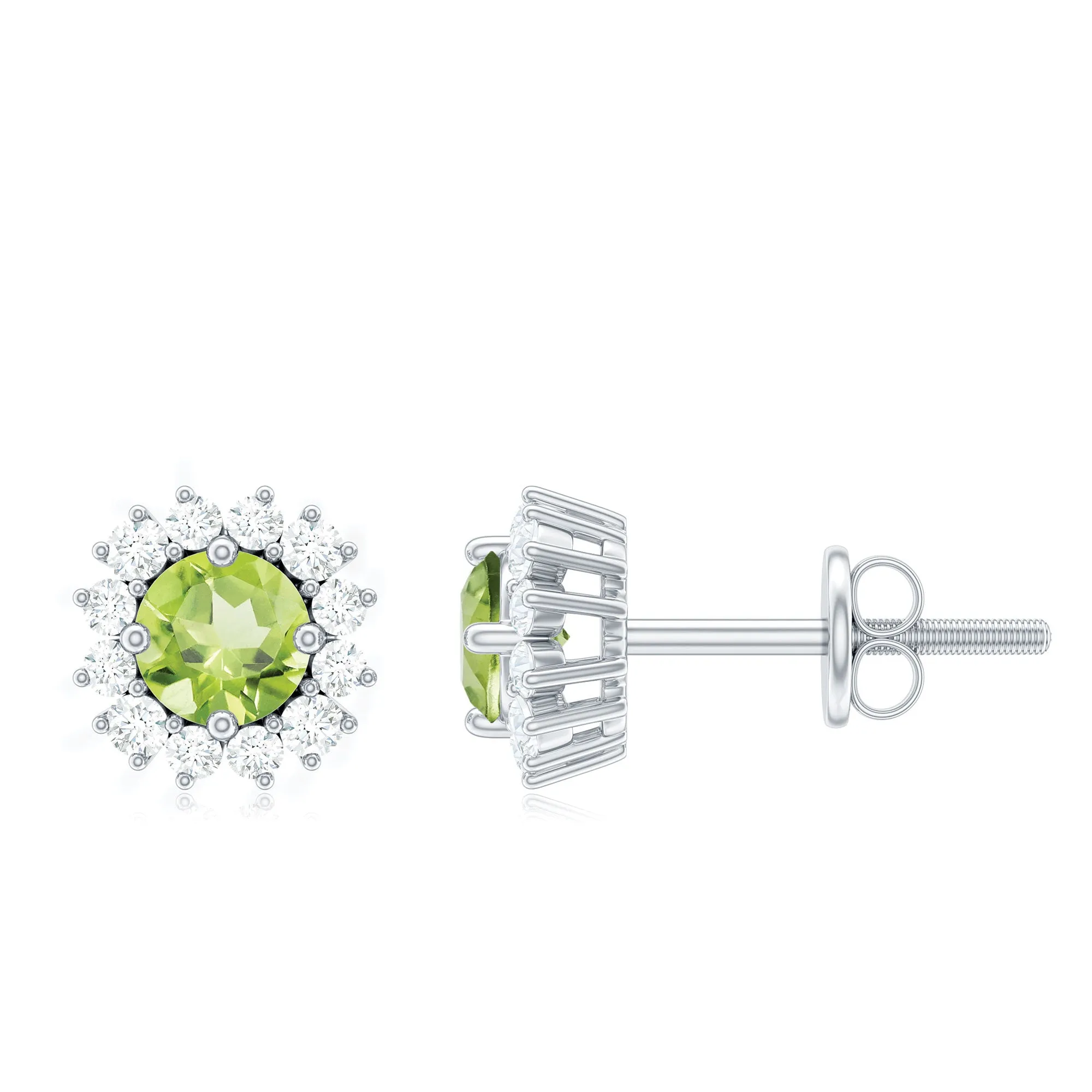 0.75 CT Classic Peridot Stud Earrings with Diamond Halo