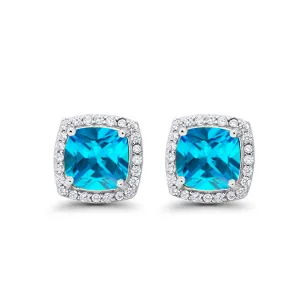 10k White Gold Plated 1 Ct Created Halo Princess Cut Blue Topaz Stud Earrings