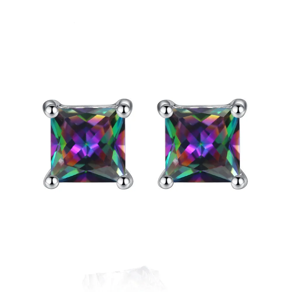 10k White Gold Plated 3 Carat Princess Cut Created Mystic Topaz Stud Earrings