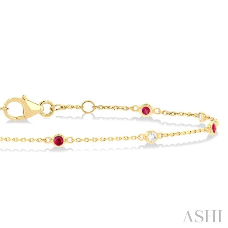 1/10 ctw 1.80MM Ruby and Bezel Set Round Cut Diamond Precious Gemstone Station Bracelet in 14K Yellow Gold