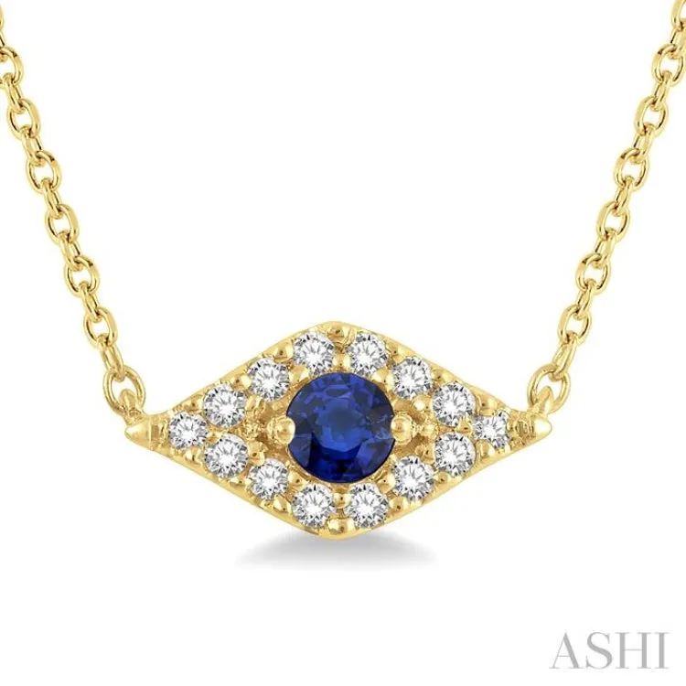 1/10 ctw Evil Eye Round Cut Diamond & 2.60MM Round Cut Sapphire Precious Petite Fashion Necklace in 10K Yellow Gold