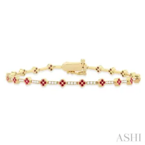 1/2 Ctw Clover Leaf & Bar Link 1.00 MM Ruby and Round Cut Diamond Precious Bracelet in 14K Yellow Gold