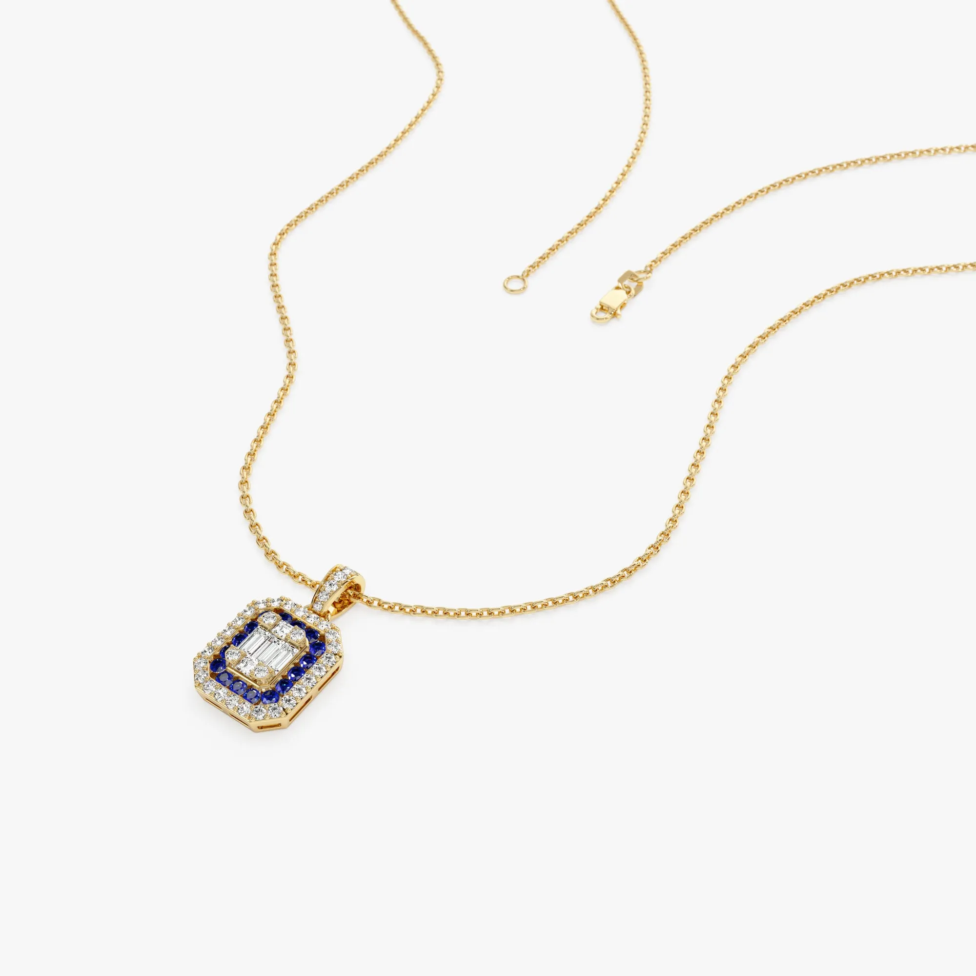 14k Baguette and Round Sapphire Necklace with Halo Setting