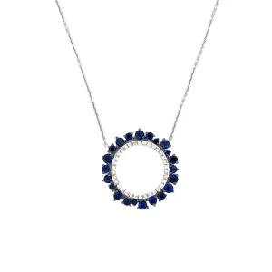 14K Gold Diamond and Sapphire Hollow Round Pendant Necklace