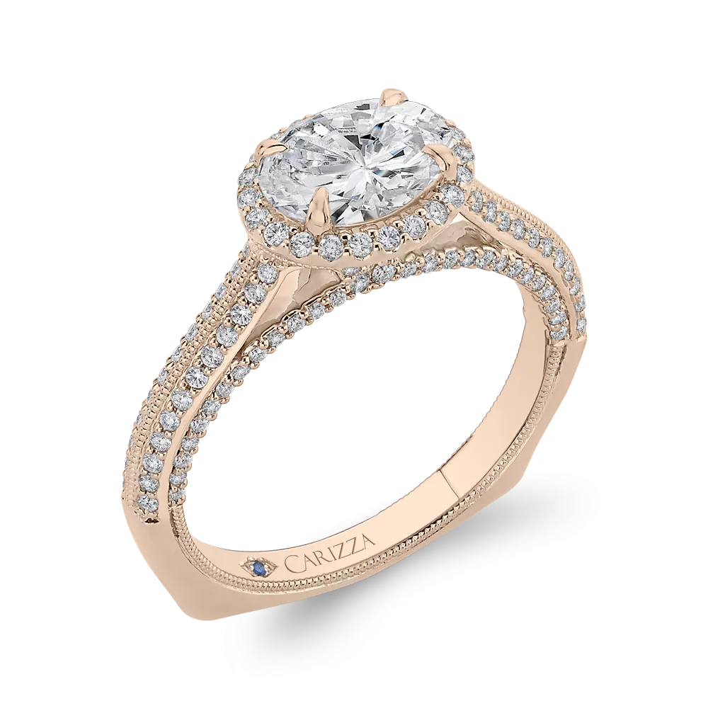 14K Rose Gold Oval Diamond Halo Engagement Ring with Euro Shank (Semi Mount)