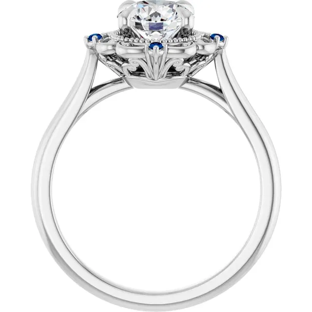 14K White Gold 1 CT Round Lab-Grown Diamond and Blue Sapphire Floral Engagement Ring