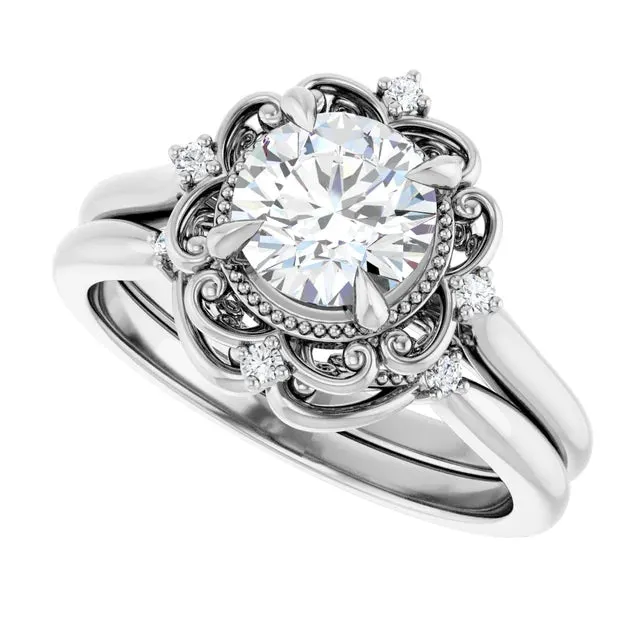 14K White Gold 1 CT Round Lab-Grown Diamond and Blue Sapphire Floral Engagement Ring