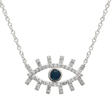 14K White Gold Diamond   Sapphire Evil Eye Eyelash Necklace