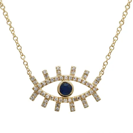 14K White Gold Diamond   Sapphire Evil Eye Eyelash Necklace