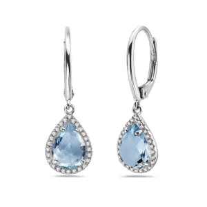 14K White Gold Pear Shape Blue Topaz And Diamond Earring