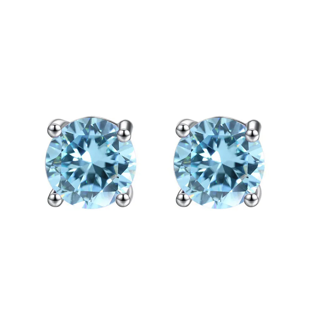 14k White Gold Plated 2 Ct Round Created Blue Topaz Stud Earrings