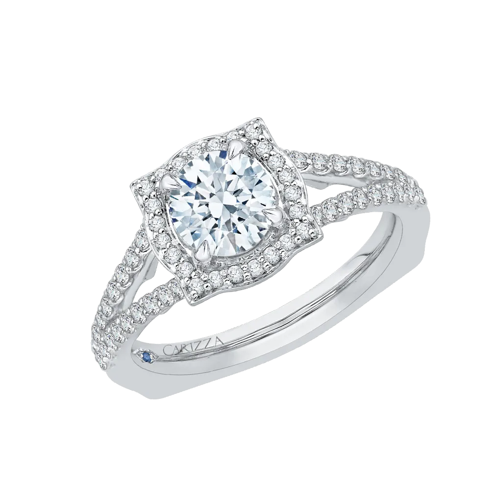 14K White Gold Round Halo Diamond Engagement Ring with Split Shank (Semi Mount)