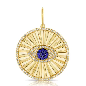 14K Yellow Gold Diamond Sapphire Evil Eye Halo Pendant