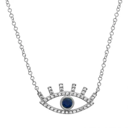 14K Yellow Gold Diamond   Sapphire Evil Eye Necklace