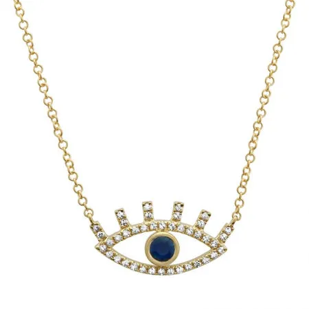 14K Yellow Gold Diamond   Sapphire Evil Eye Necklace