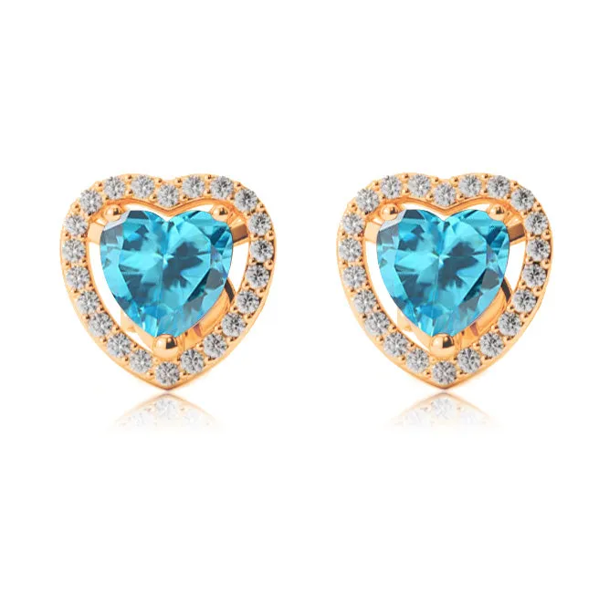 14k Yellow Gold Plated 4 Ct Created Halo Heart Blue Topaz Stud Earrings