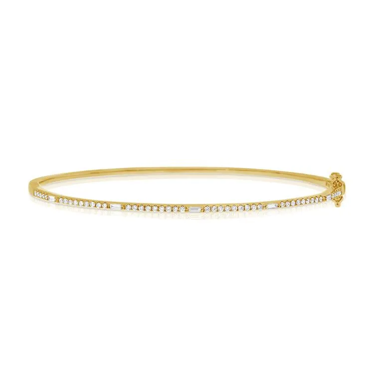 14K Yellow Gold Round and Baguette Diamond Hinged Bangle