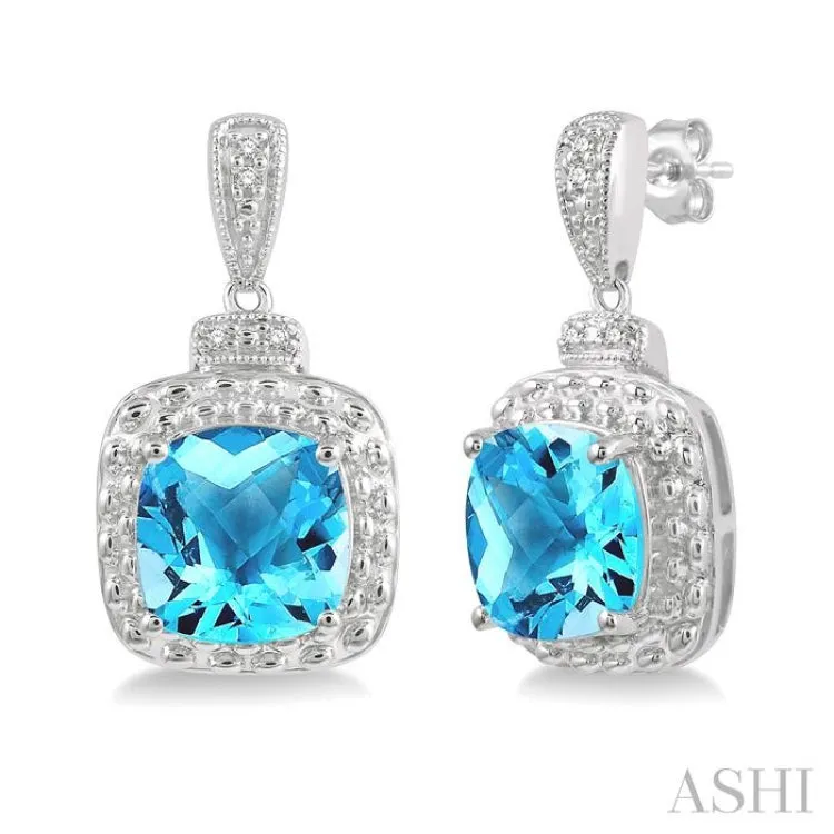 1/50 ctw Round Cut Diamond & 8x8MM Cushion Cut Blue Topaz Semi Precious Earring in Silver