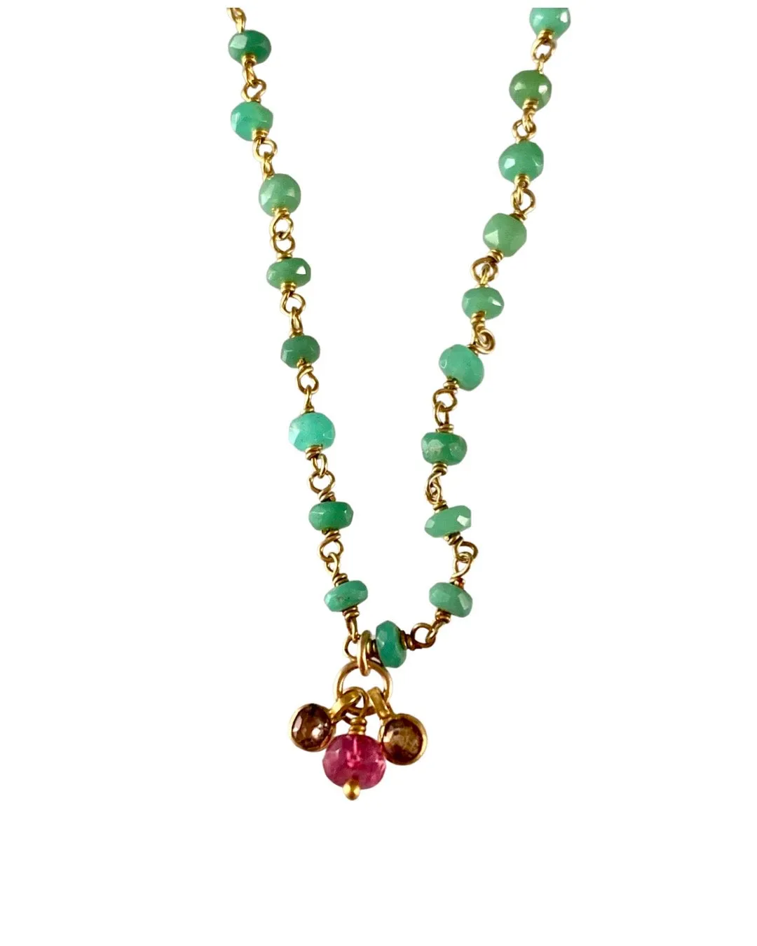 18” 18k Solid Gold Chrysoprase Wrap Charm Necklace