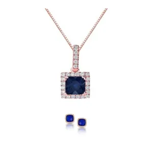 18K Rose Gold 3ct Halo Blue Sapphire Round 18 Inch Necklace and Square Halo Earrings Set Plated