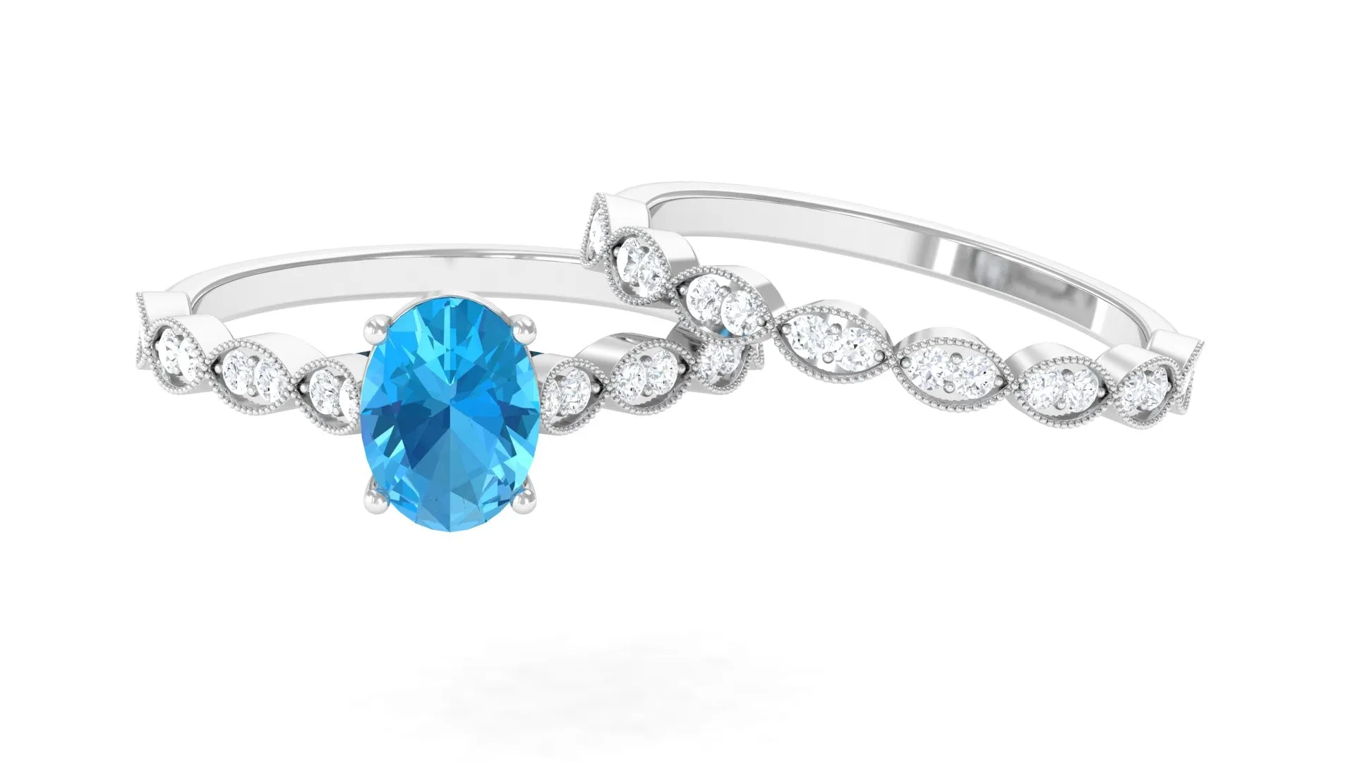 2 CT Oval Cut Swiss Blue Topaz and Moissanite Solitaire Ring with Semi Eternity Ring