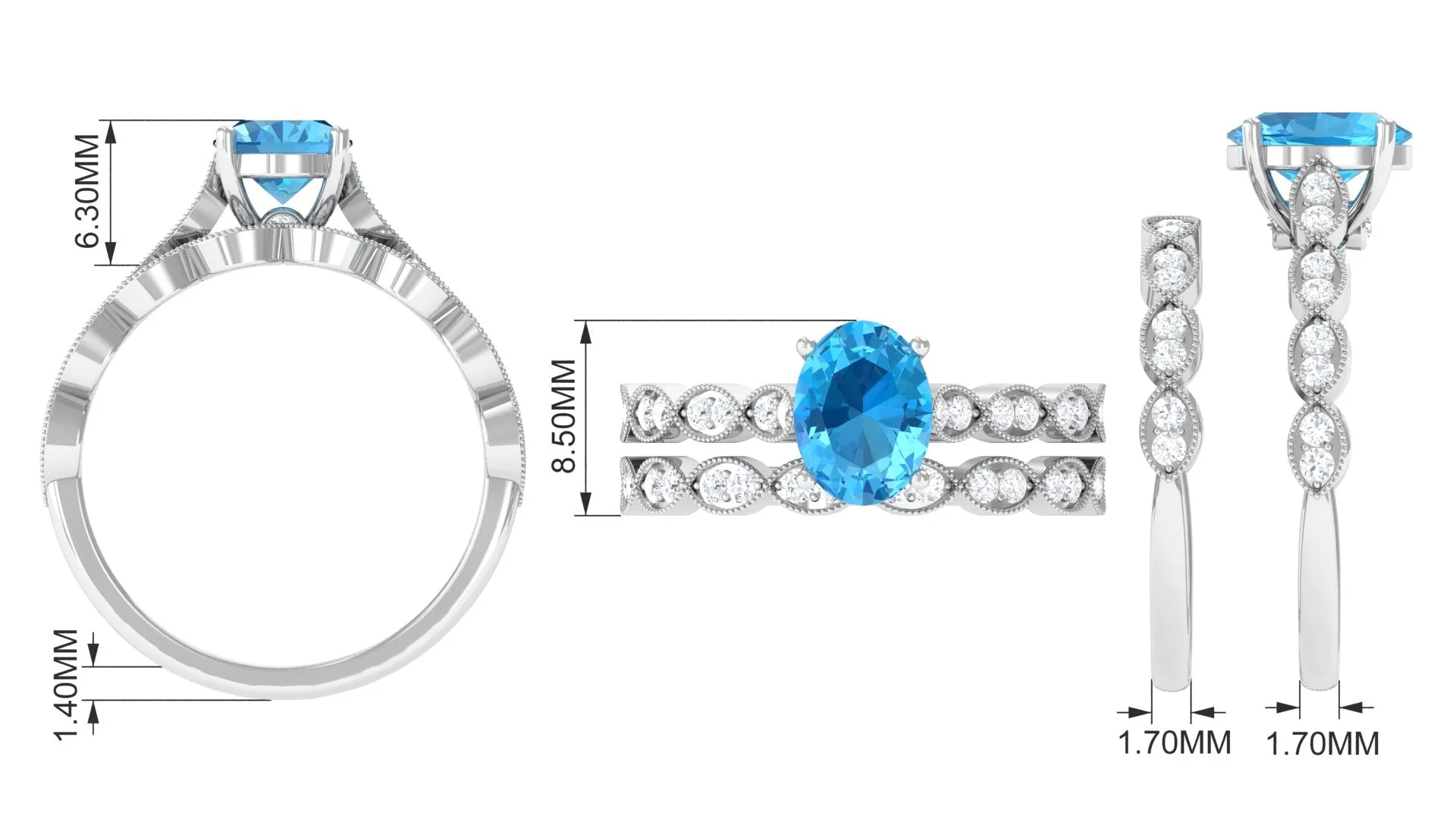 2 CT Oval Cut Swiss Blue Topaz and Moissanite Solitaire Ring with Semi Eternity Ring