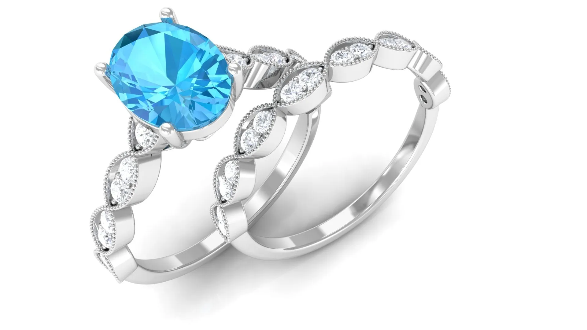 2 CT Oval Cut Swiss Blue Topaz and Moissanite Solitaire Ring with Semi Eternity Ring