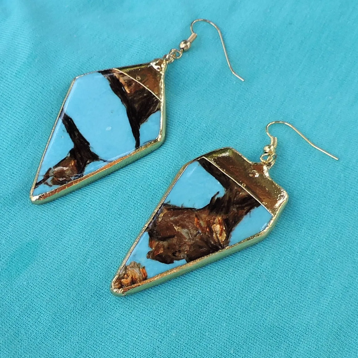 24K Gold Edging on Turquoise & Copper Stone  Dangle Earrings