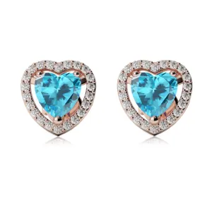 24k Rose Gold Plated 4 Ct Created Halo Heart Blue Topaz Stud Earrings