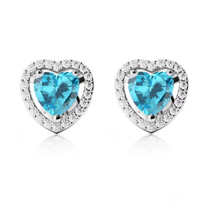 24k White Gold Plated 1 Ct Created Halo Heart Blue Topaz Stud Earrings