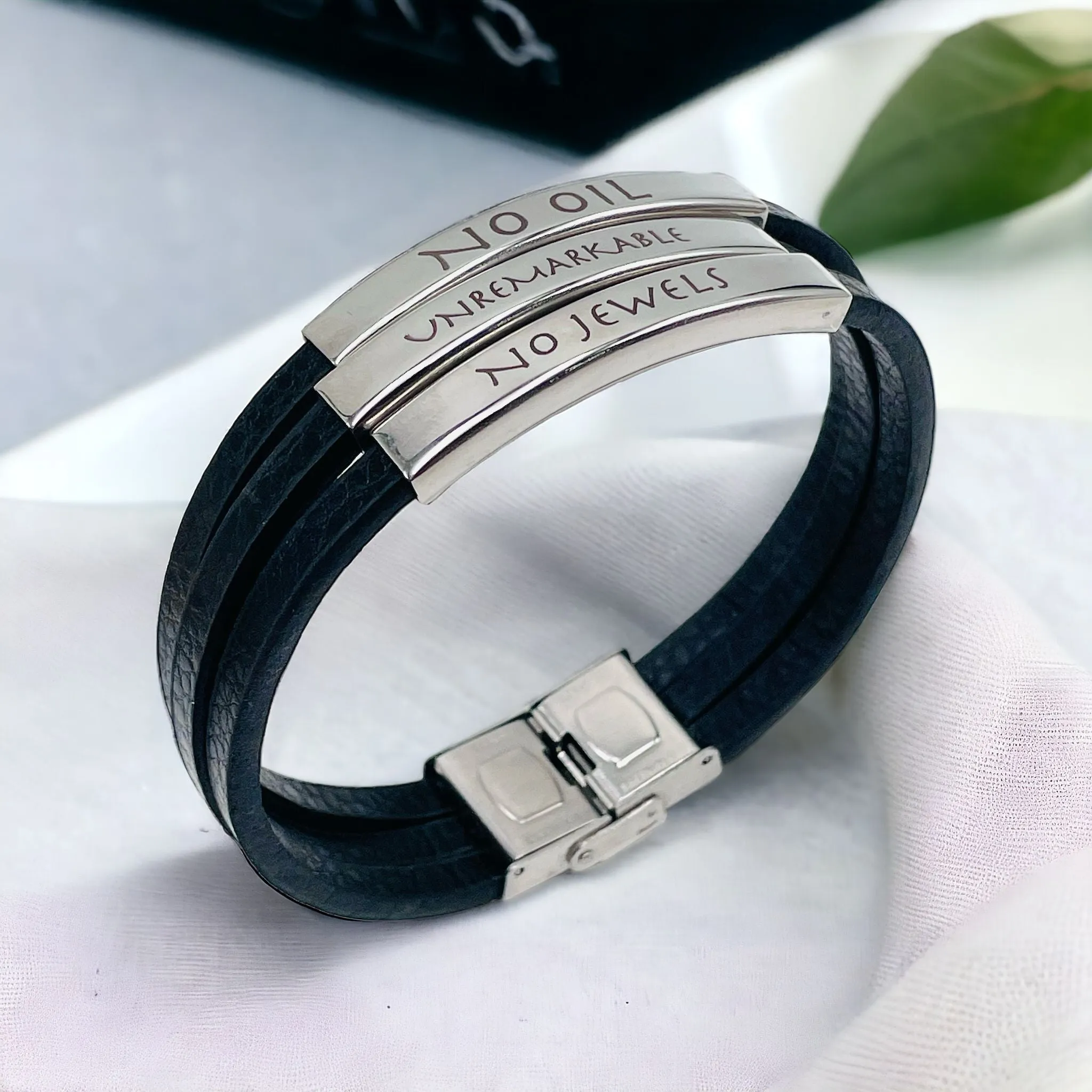 3 Layers Stainless Steel Silver Customized Personalised Laser Engraved Leather Wrist Band ID Bracelet Men