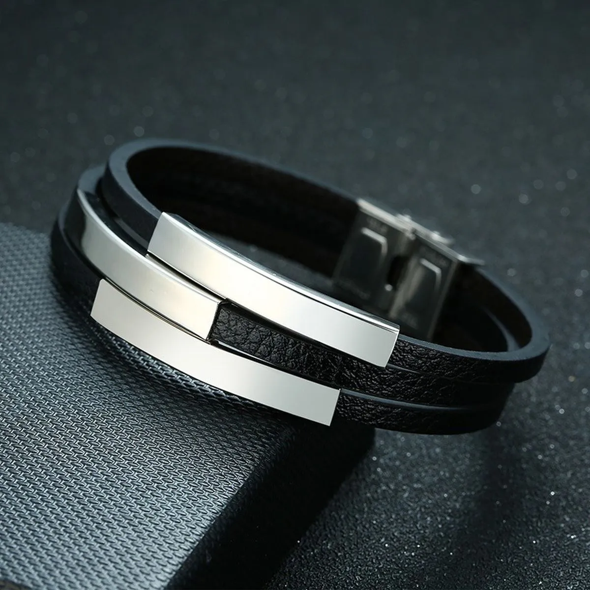 3 Layers Stainless Steel Silver Customized Personalised Laser Engraved Leather Wrist Band ID Bracelet Men