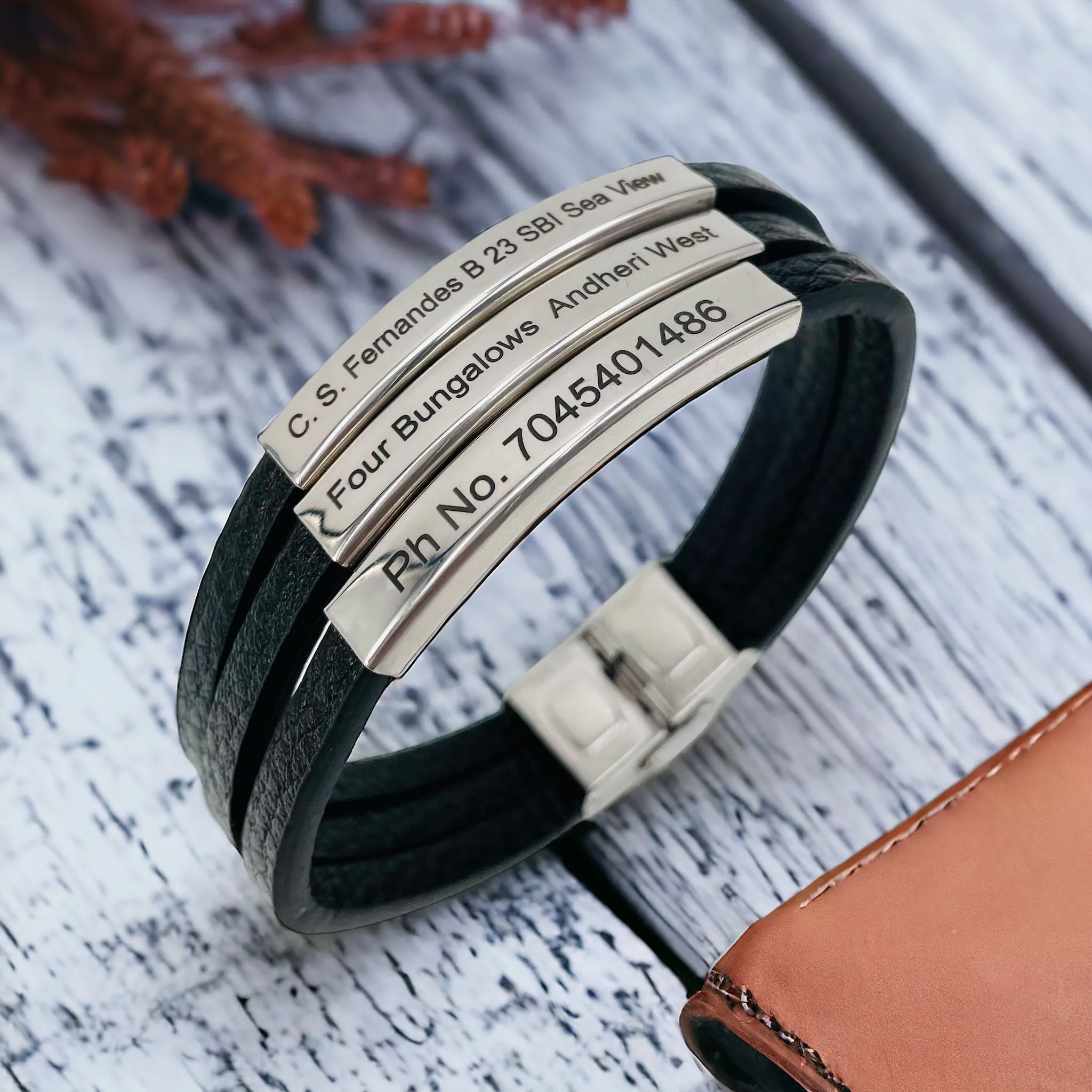 3 Layers Stainless Steel Silver Customized Personalised Laser Engraved Leather Wrist Band ID Bracelet Men