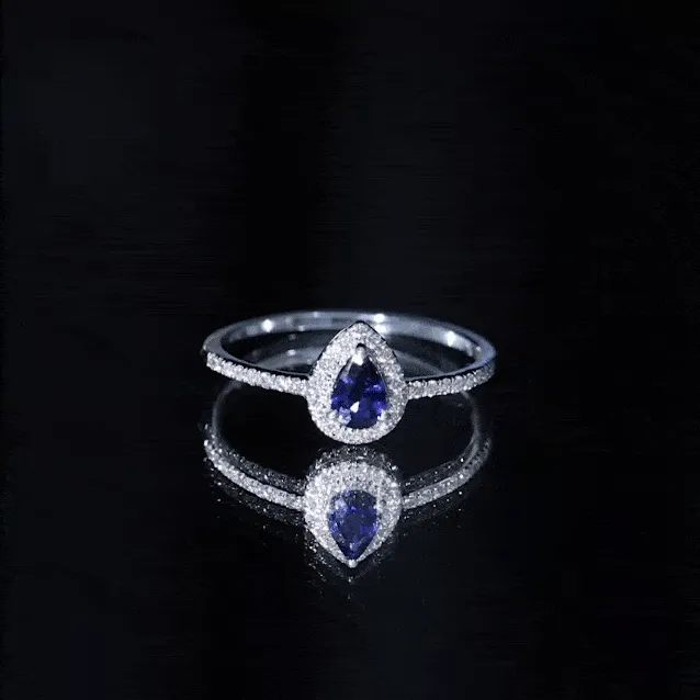 3/4 CT Pear Cut Blue Sapphire Engagement Ring with Diamond Halo