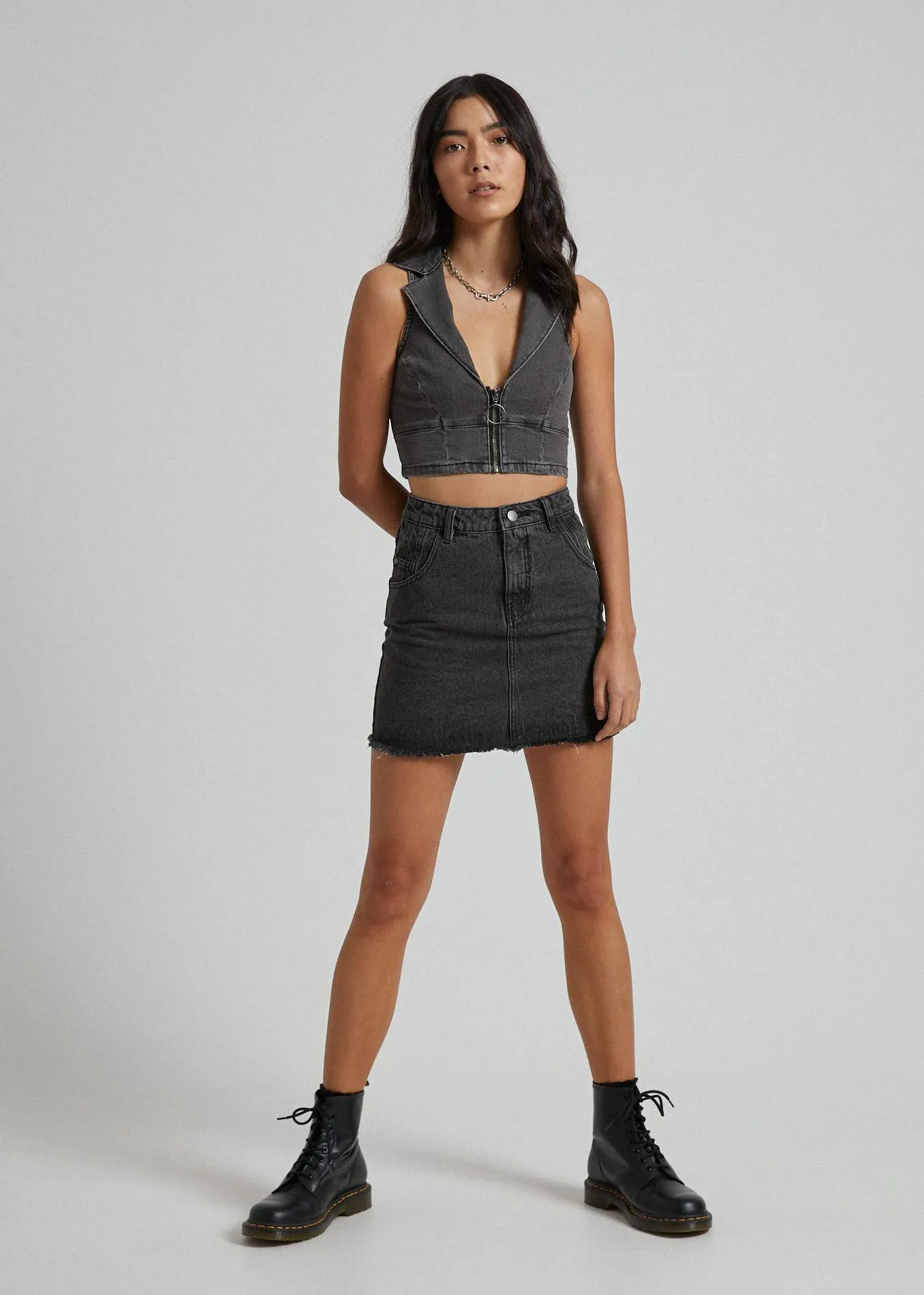 Afends Womens Denny - Raw Denim Skirt - Stone Black