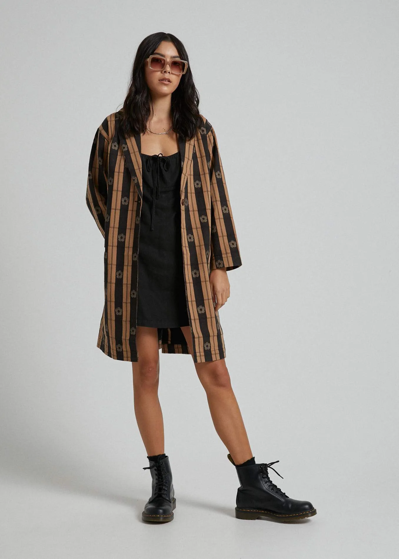 Afends Womens Poppy Check - Coat - Black & Tan