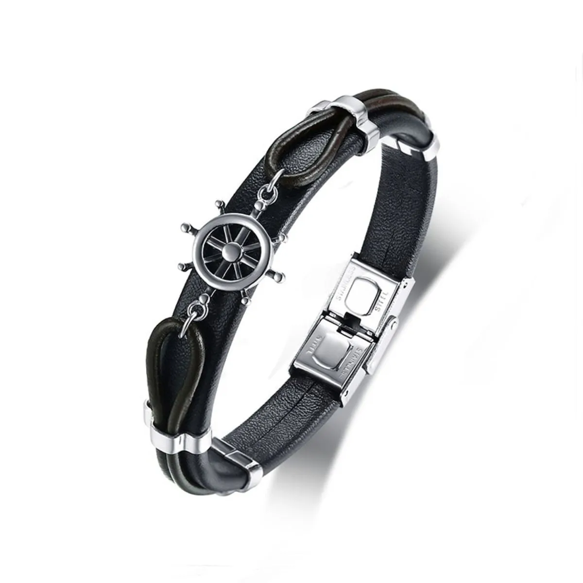 Anchor Rudder Sailor 316L Stainless Steel Black Leather Bracelet Men