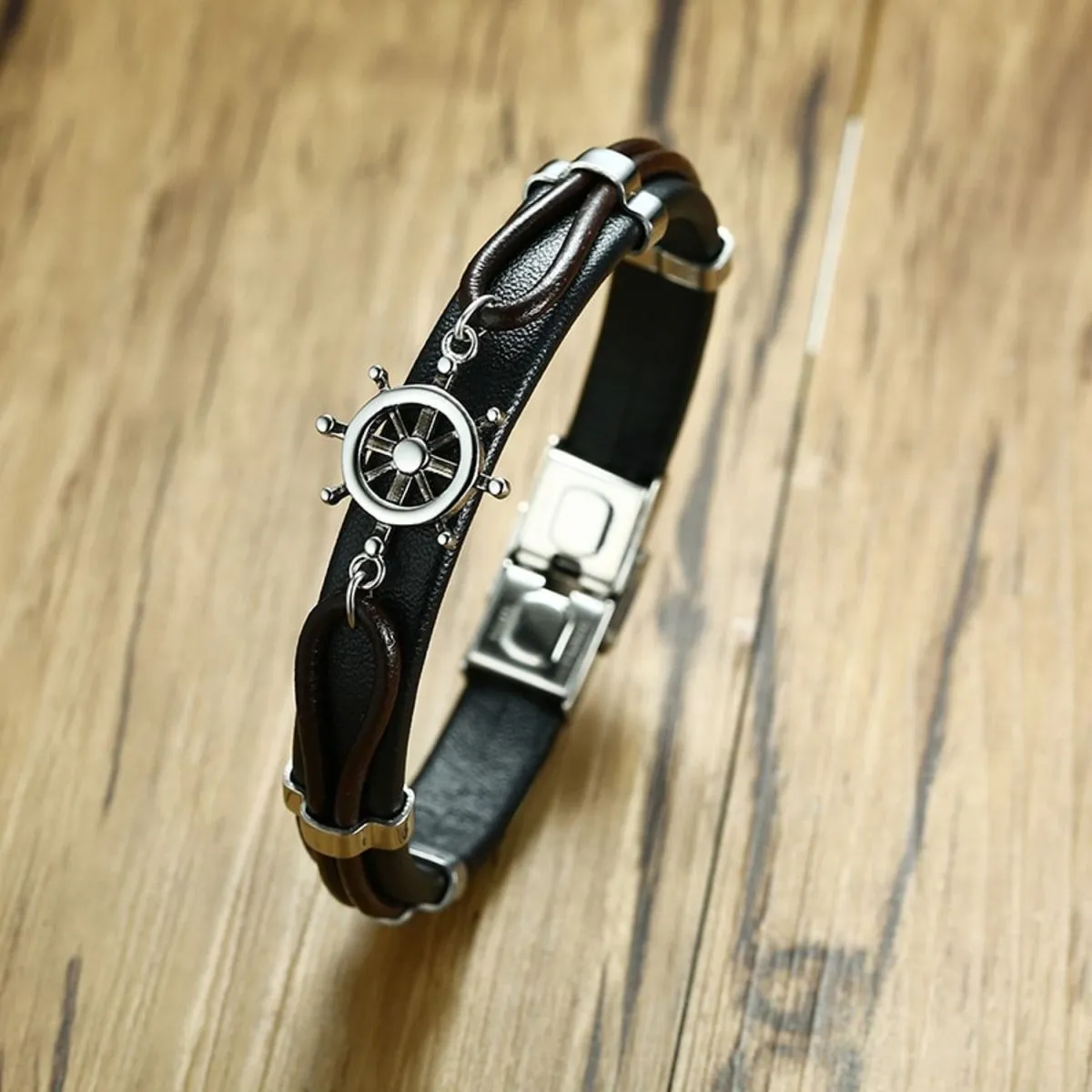 Anchor Rudder Sailor 316L Stainless Steel Black Leather Bracelet Men