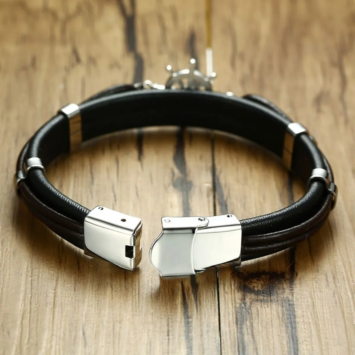 Anchor Rudder Sailor 316L Stainless Steel Black Leather Bracelet Men