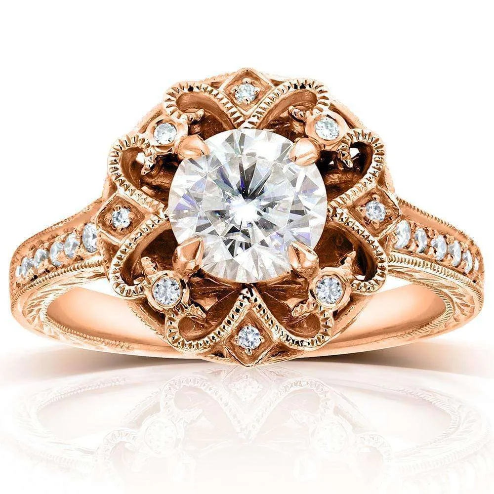 Antique Forever One (D-F) Moissanite Engagement Ring with Diamond 1 1/5 CTW 14k Rose Gold