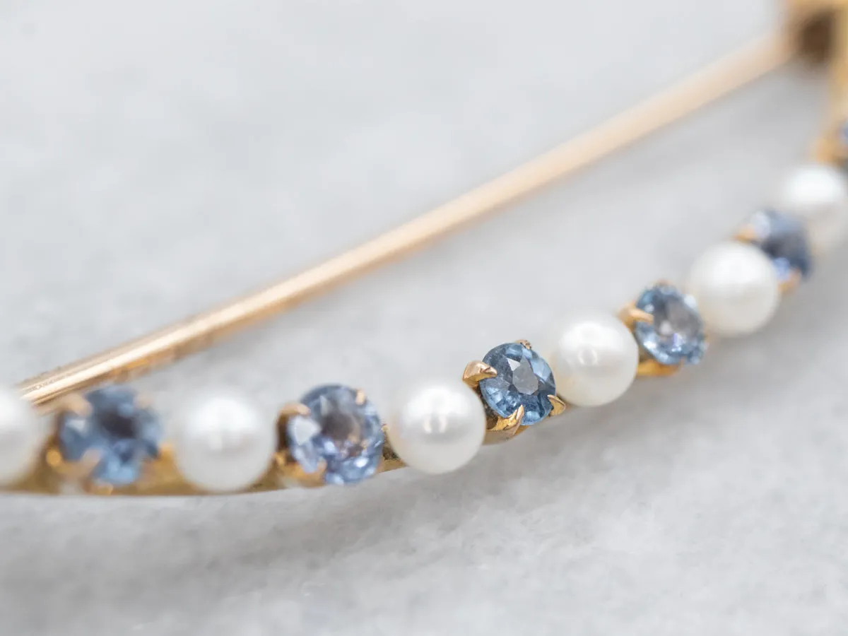 Antique Sapphire and Seed Pearl Crescent Moon Brooch