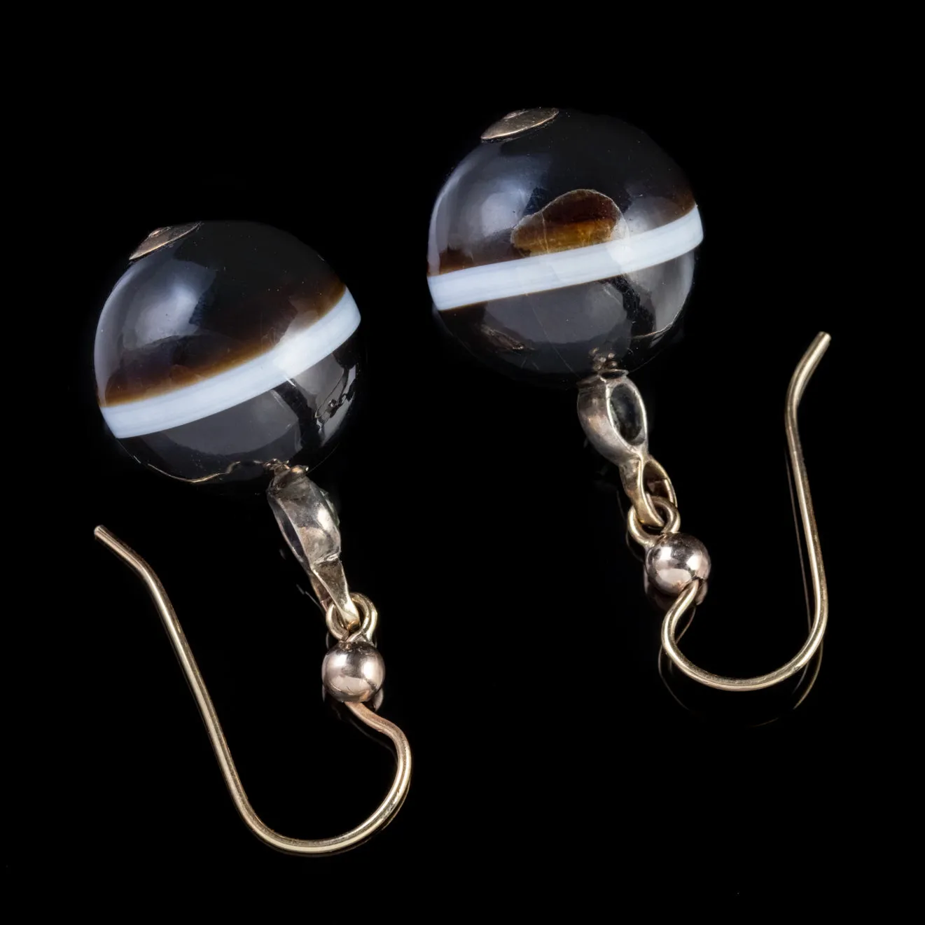 Antique Victorian Bullseye Agate Gold Earrings Circa 1880