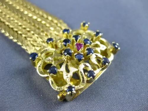 ANTIQUE WIDE SAPPHIRE & RUBY 18KT YELLOW GOLD MULTI STRAND FLOWER BRACELET #1880