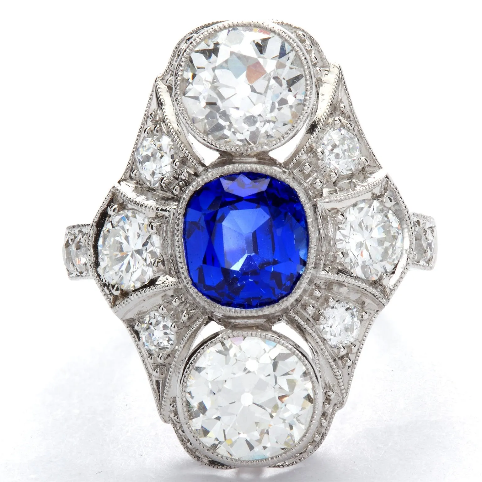 Art Deco Kashmir No Heat Sapphire 1.66 Carat and Diamond Ring AGL Cert