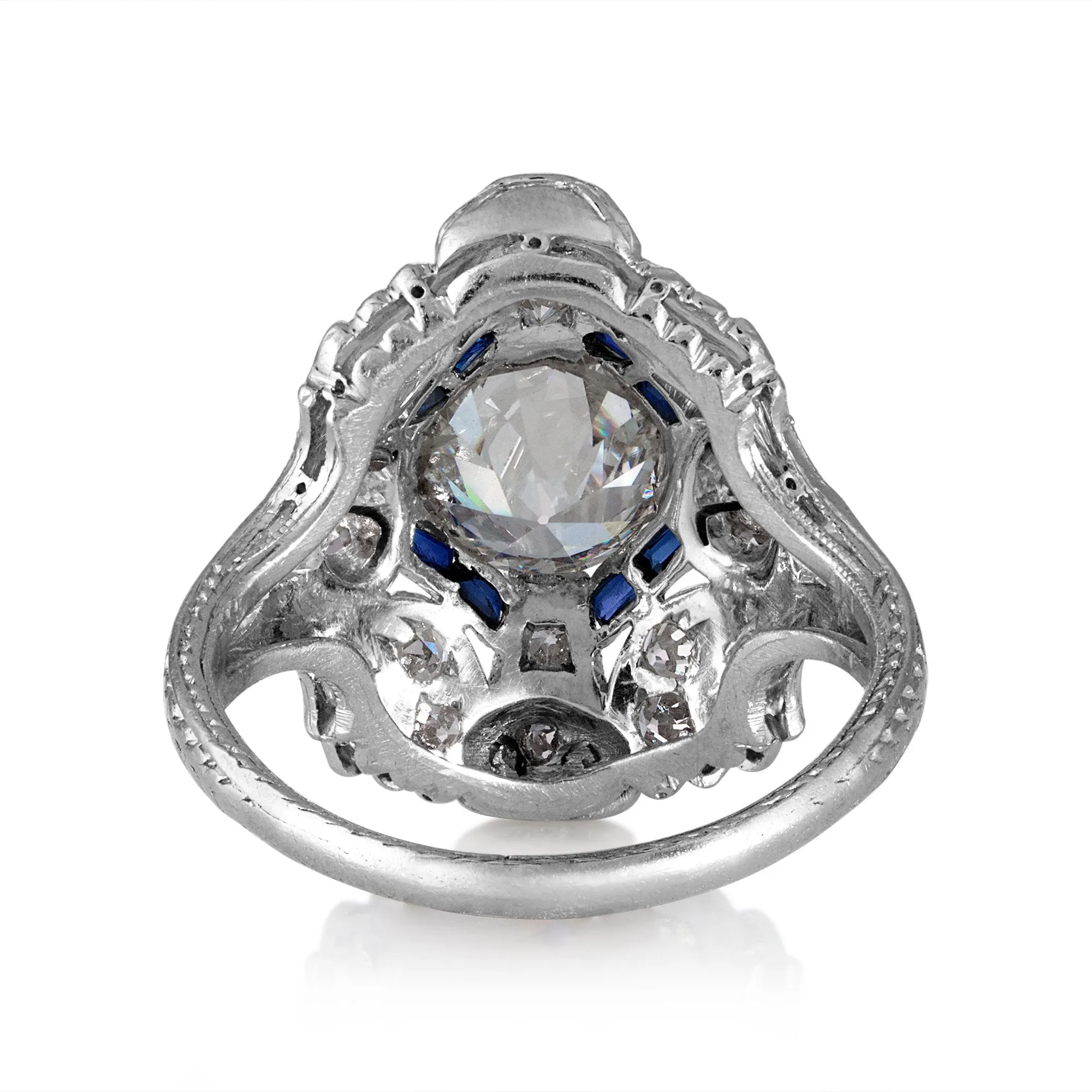 Art Nouveau 2.50ctw GIA Old European Cut Diamond and Blue Sapphire Platinum Ring