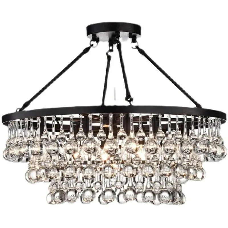 Black Finish Iron Semi Flush Mount Light Fixture Round Crystal Drops Ceiling Chandelier For Living Room