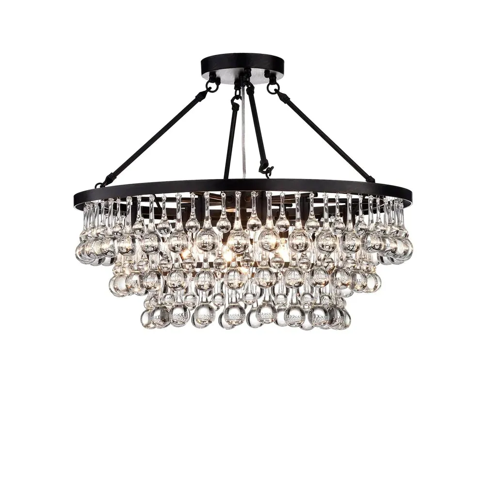 Black Finish Iron Semi Flush Mount Light Fixture Round Crystal Drops Ceiling Chandelier For Living Room