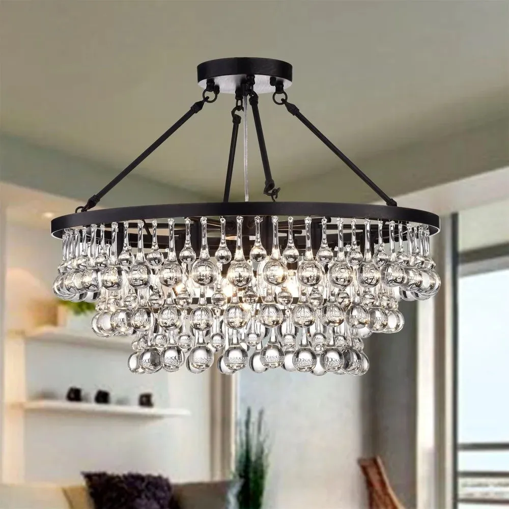 Black Finish Iron Semi Flush Mount Light Fixture Round Crystal Drops Ceiling Chandelier For Living Room