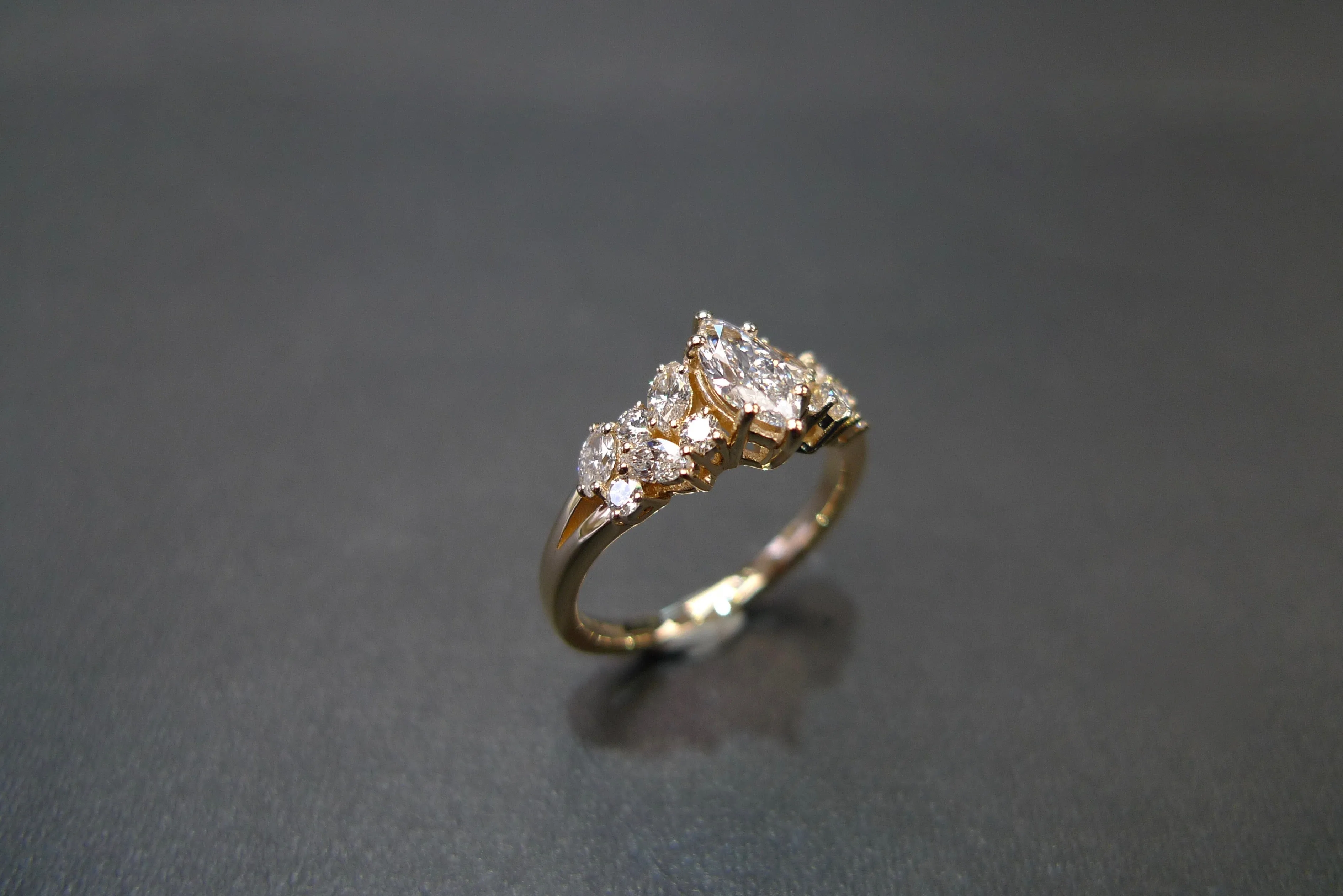 Certified 0.30ct Marquise Cut Diamond and Round Brilliant Cut Diamond Ring in Yellow Gold