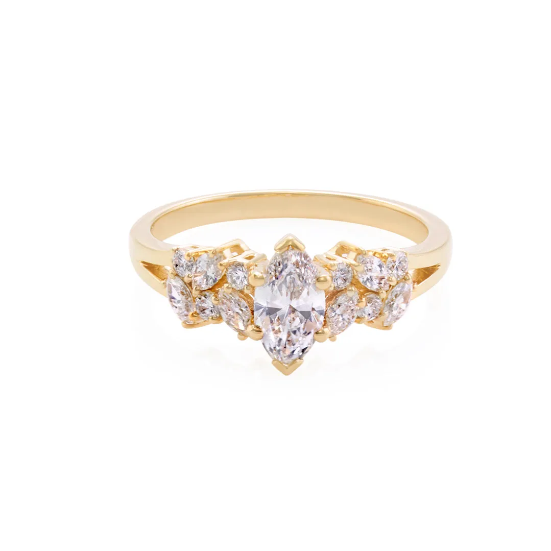 Certified 0.30ct Marquise Cut Diamond and Round Brilliant Cut Diamond Ring in Yellow Gold